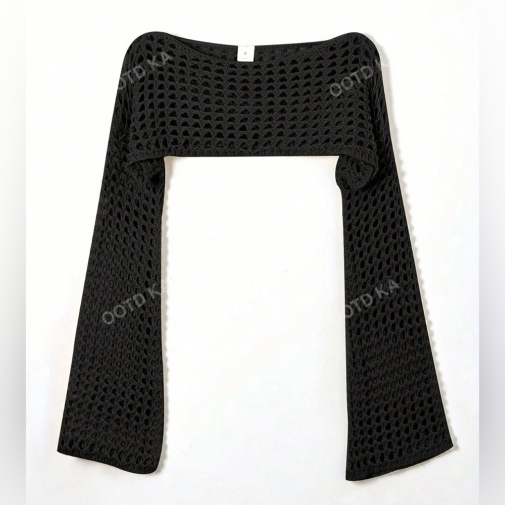 Black Crochet Bell Sleeve Shrug